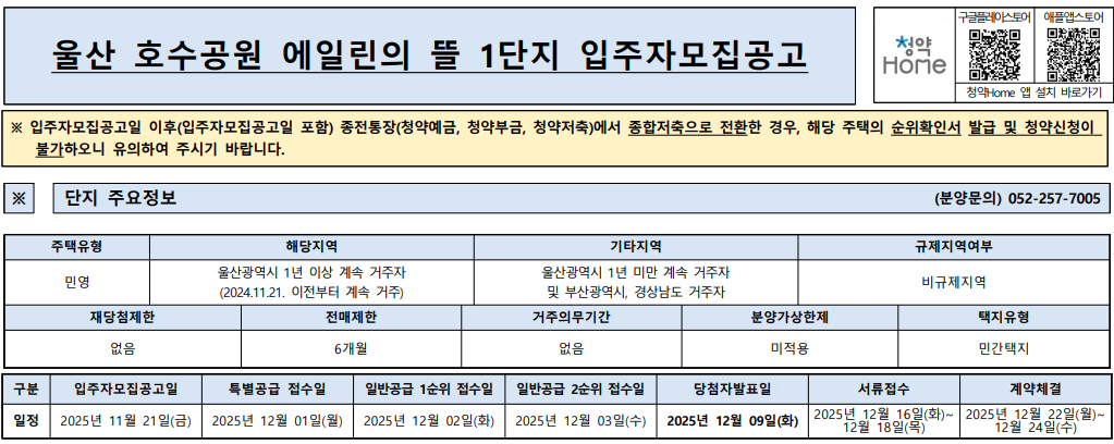 울산 호수공원 에일린의 뜰 1단지 모집공고